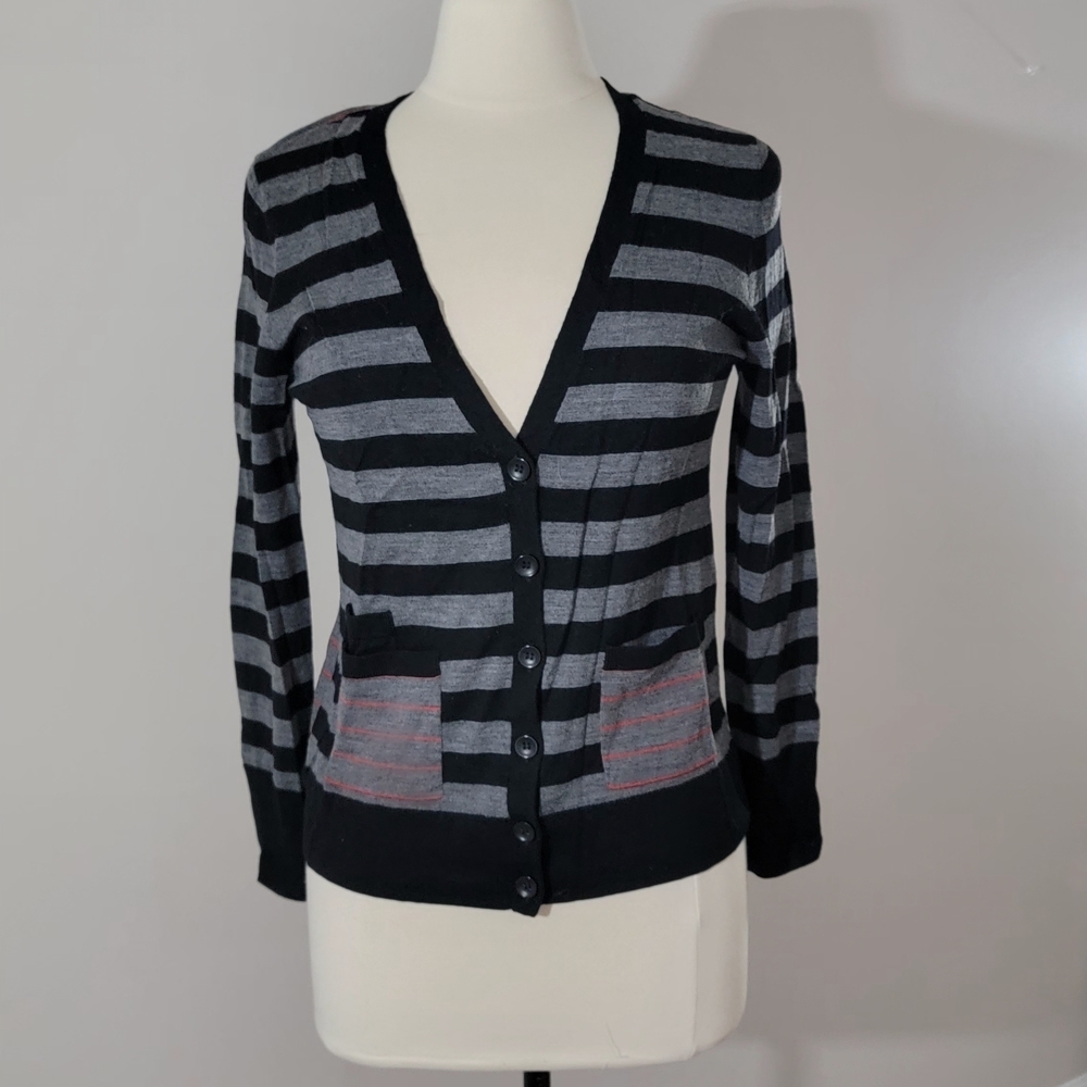 Halogen Black and Gray Striped Cardigan 100% Merino Wool, Size M